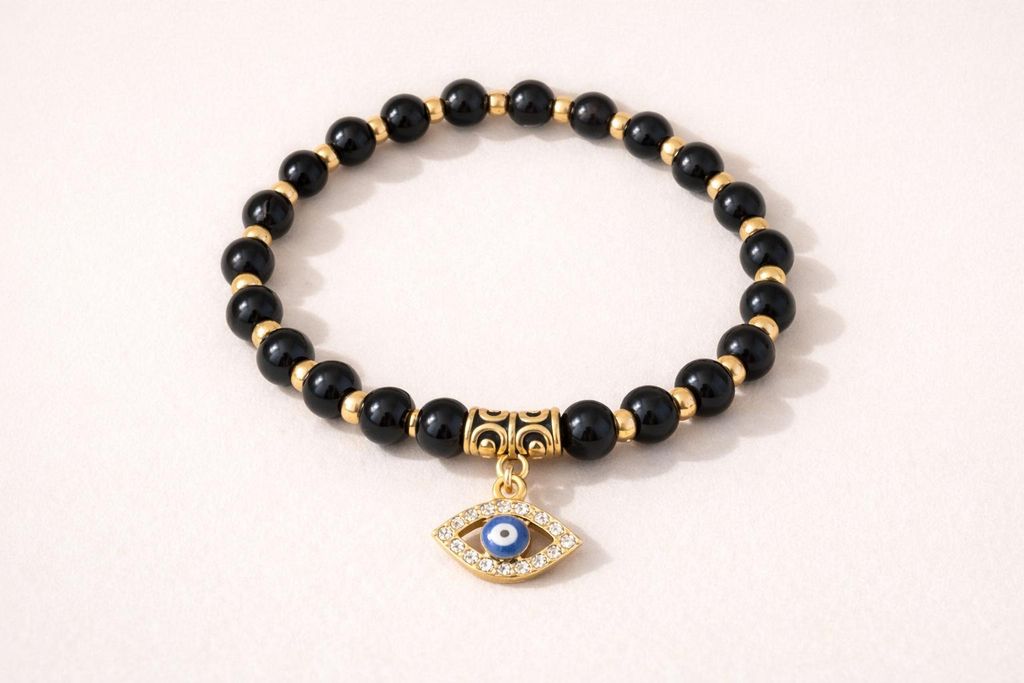 Perlenarmband Damen 8mm Schwarz mit Bösem Auge Charm Gold, J0681