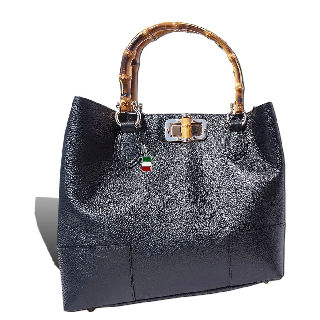 Sac bandoulière de bureau Florence cuir noir et bois format A4 femme