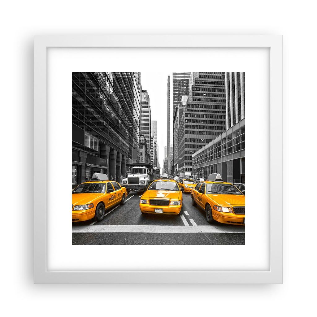 Gerahmtes Poster - Weißer Rahmen - Taxi Stadt Straße Transport - 30x30 cm - Wand Bild - Wanddeko - Wandbilder - Wandposter - Bilderrahmen - Bilde...