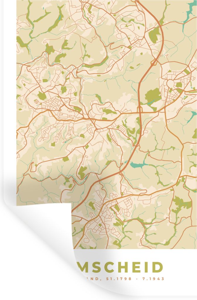 MuchoWow Wandtattoo Wandsticker Wandaufkleber Stadtplan - Remscheid - vintage - Karte 80x120 cm Selbstklebend und Repositionierbar - Repositionie...