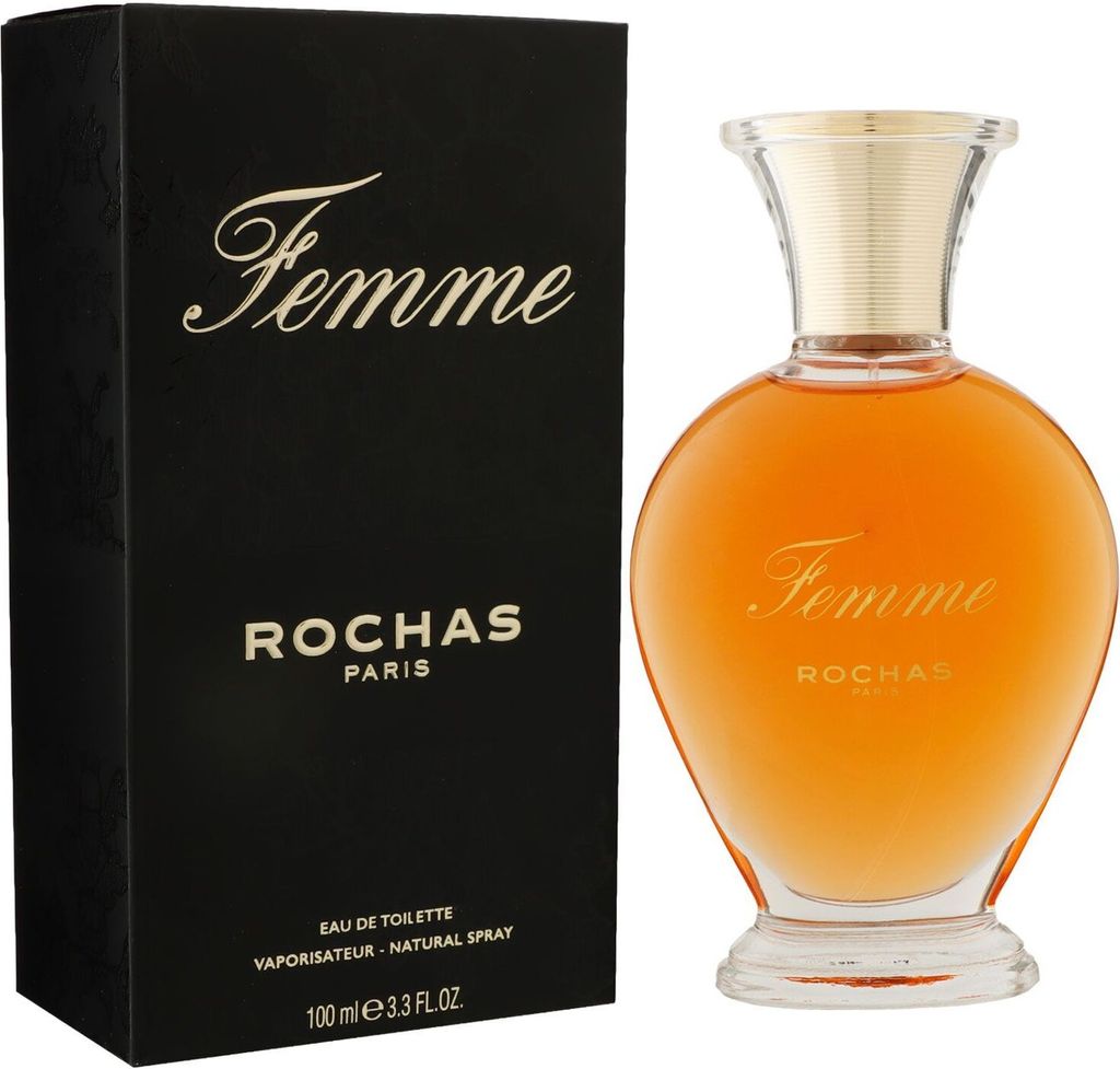 A box and bottle of Rochas Femme Eau de Toilette are displayed against a white background.