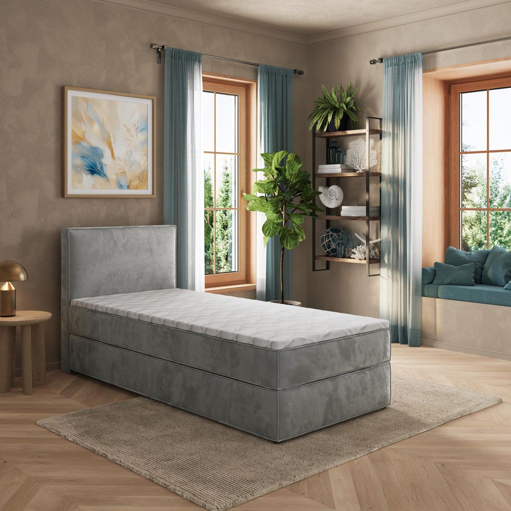 Masseno Boxspringbett PELLIO 80x200 cm Komplett-Set mit Bonell Matratze und Topper, Polsterbett mit Bettkästen -Hellgrau, MONOLITH 84