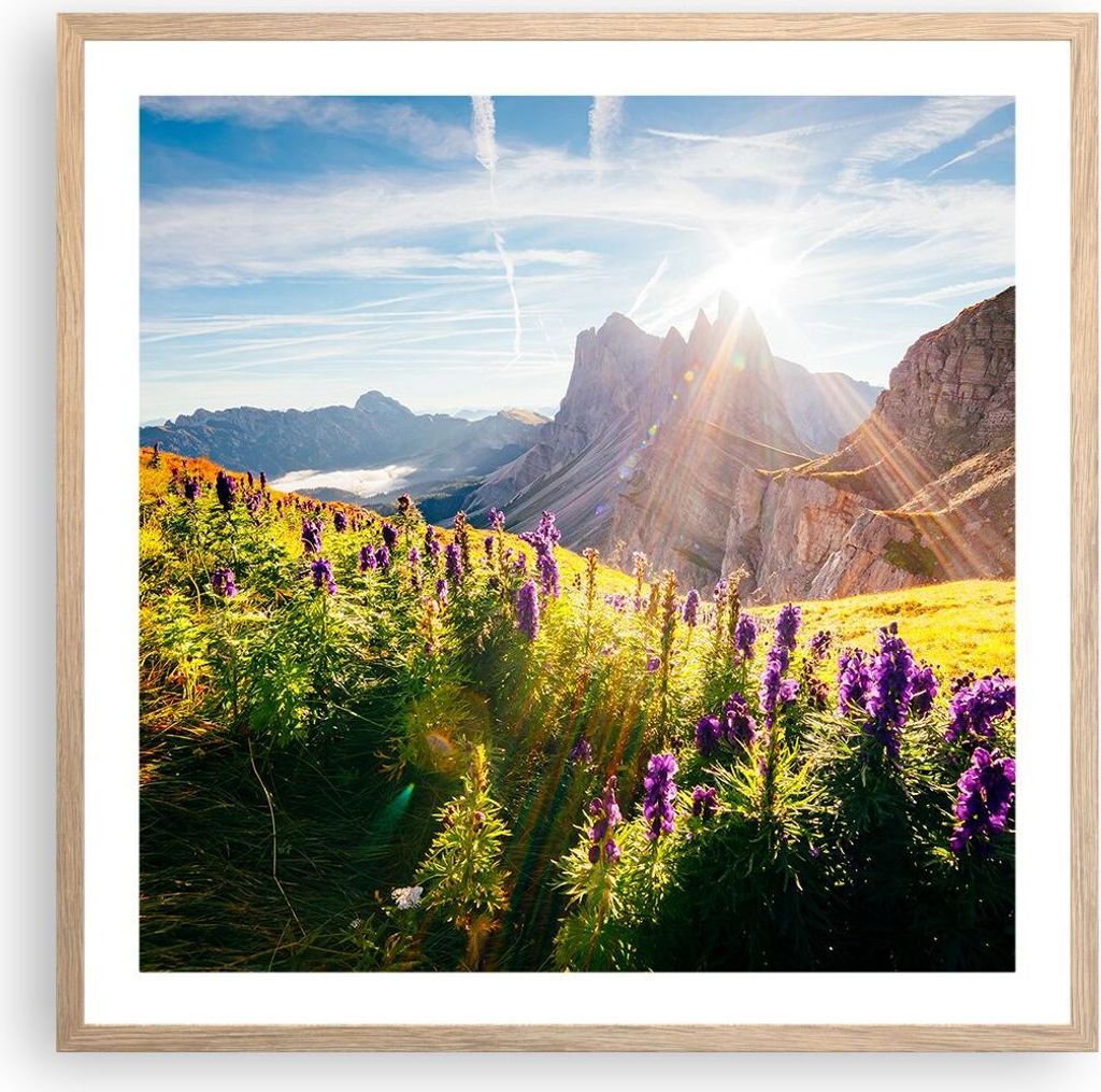 Gerahmtes Poster - Rahmen in heller Eiche - Berge Wiese Blumen - 60x60 cm - Wand Bild - Wanddeko - Wandbilder - Wandposter - Bilderrahmen - Bilder ...