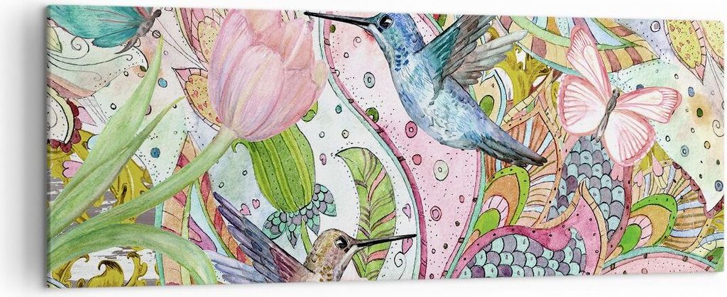 Bild auf Leinwand - Leinwandbild - Vogel Schmetterling Blume - 140x50cm - Wand Bild - Wanddeko - Leinwanddruck - Bilder - Kunstdruck - Wanddekorati...