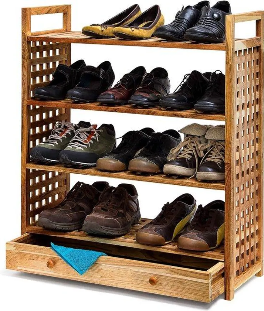 Meuble à chaussures en bois naturel 4 étages et tiroir de rangement