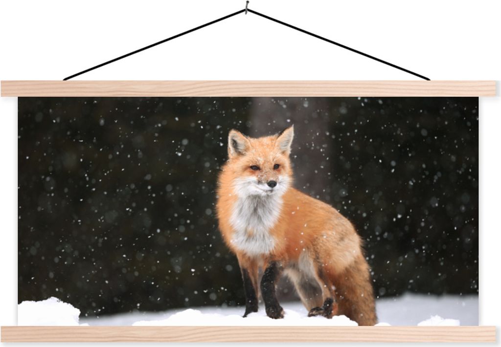 MuchoWow Textilposter Fuchs - Schnee - Winter 60x30 cm mit holzfarbenen Rahmen - Dekoration