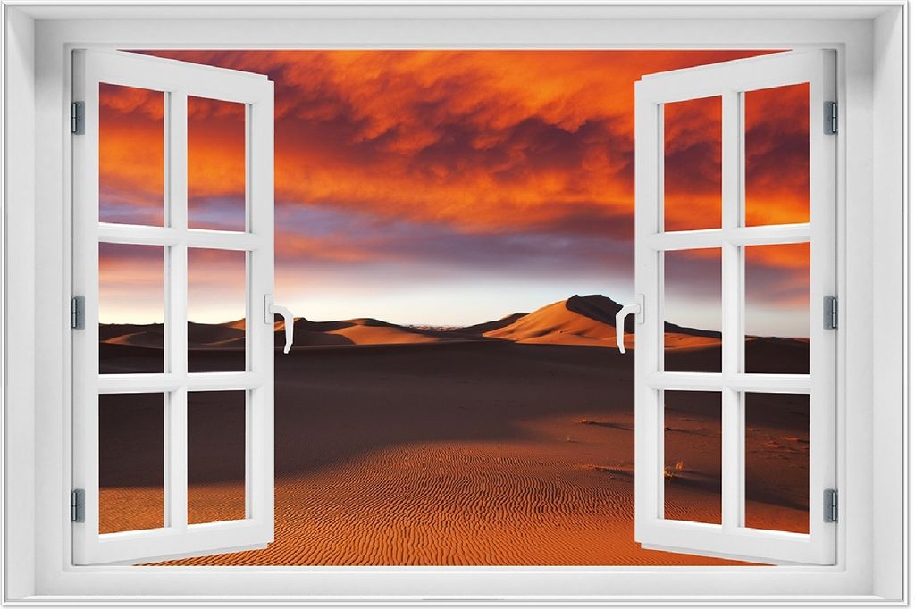 Wallario Wandbild mit Fenster-Illusion: Sahara Wüste II - Sanddünen im Sonnenuntergang, Größe: 61 x 91,5 cm, Poster mit weißem Aluminiumrahmen