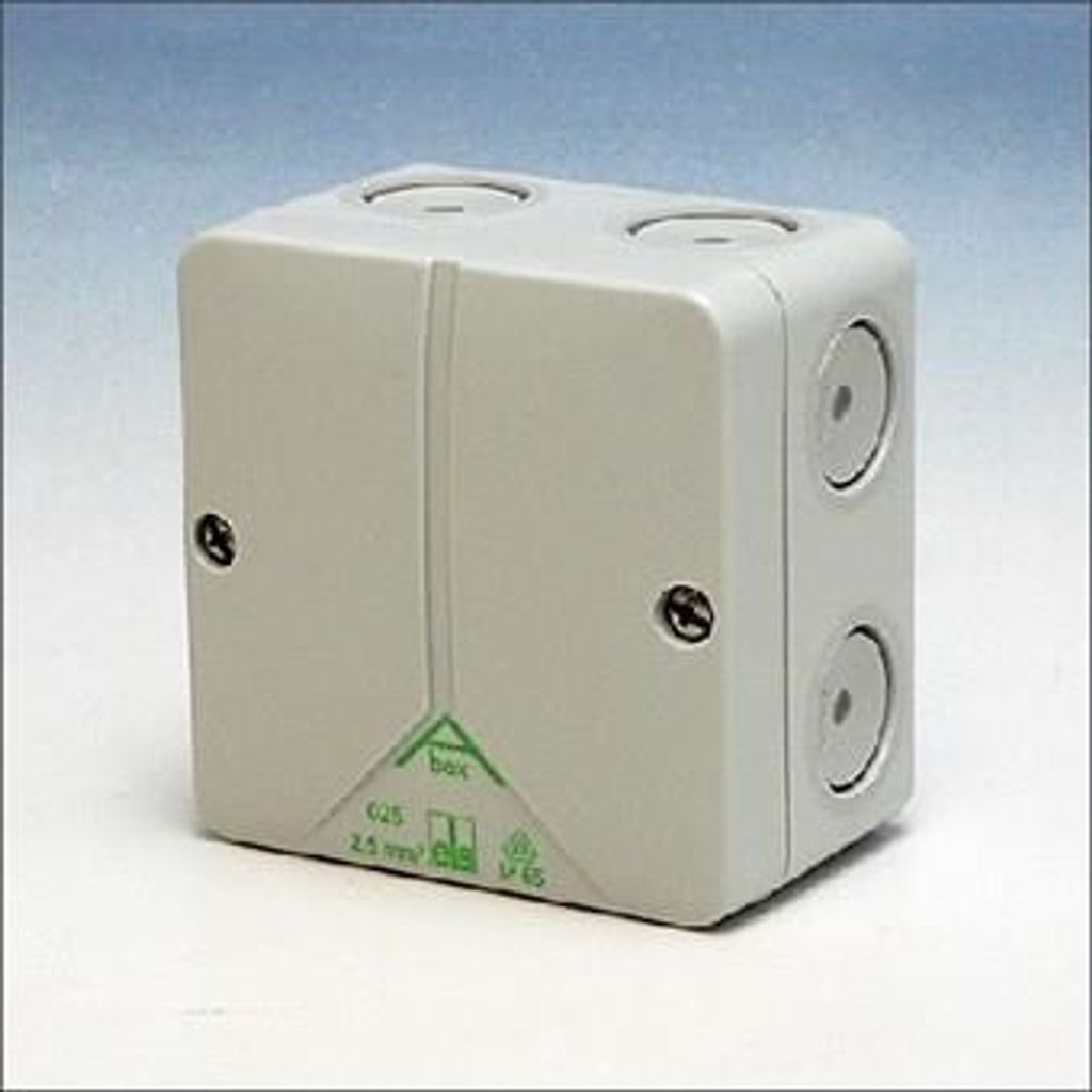 A gray electrical junction box is shown against a light gray and white background.