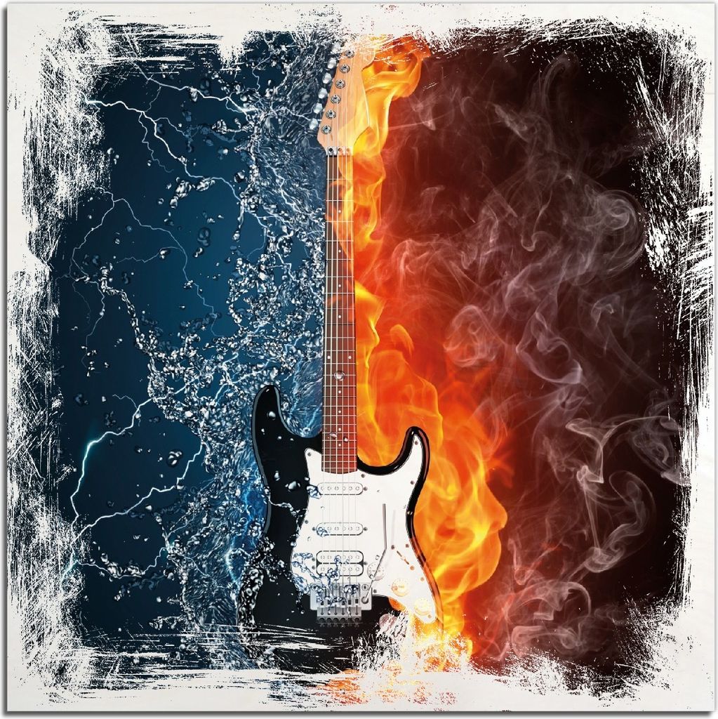 Kunstdrucke Wandbilder Holz in : Brillante Farben, Größe 50 x 50 cm Motiv Feuer-Wasser-Gitarre