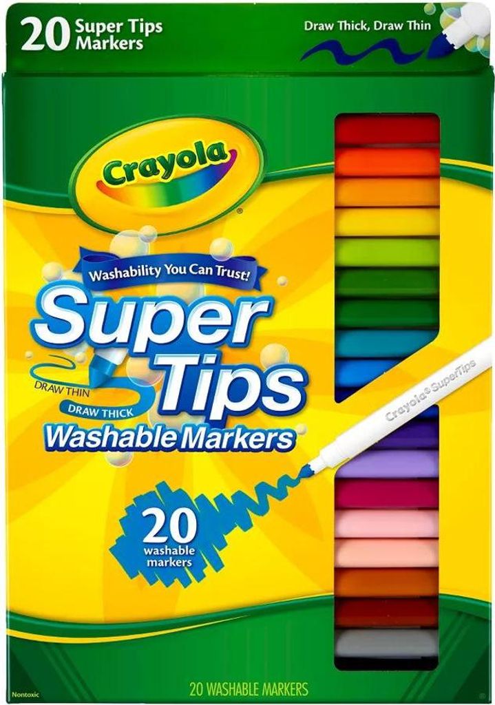 A box of Crayola Super Tips Washable Markers.