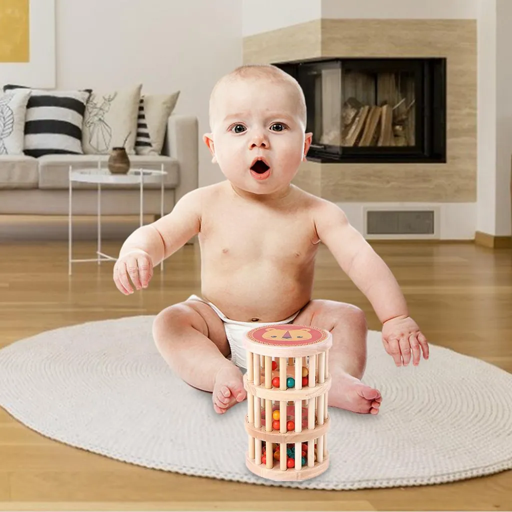 Jeu d'éveil bébé : tambour à rouleaux et perles en bois pour la motricité
