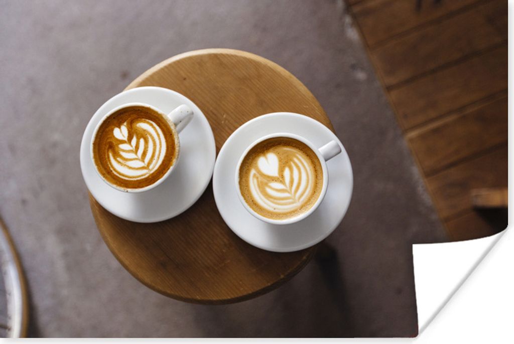 MuchoWow Poster Zwei Tassen Kaffee mit Latte Art werden von oben angezeigt 30x20 cm - Plakate - Print