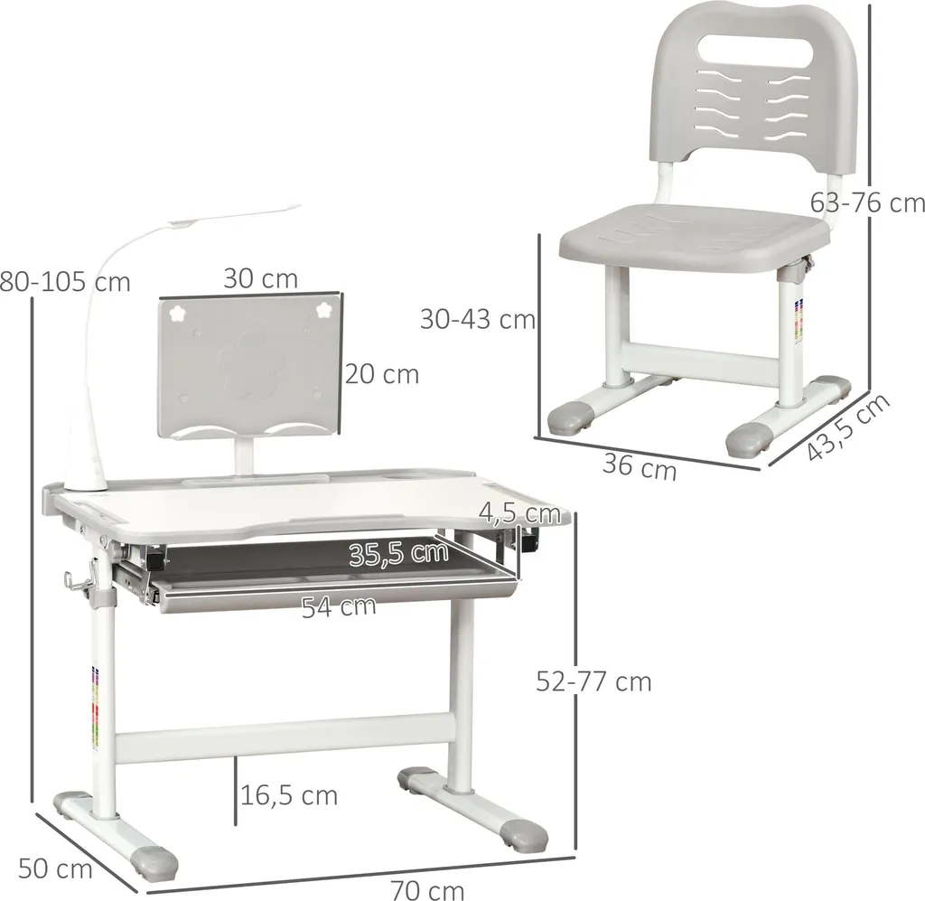 Bureau Enfant Inclinable avec Lampe LED et Support Lecture - Gris Hauteur