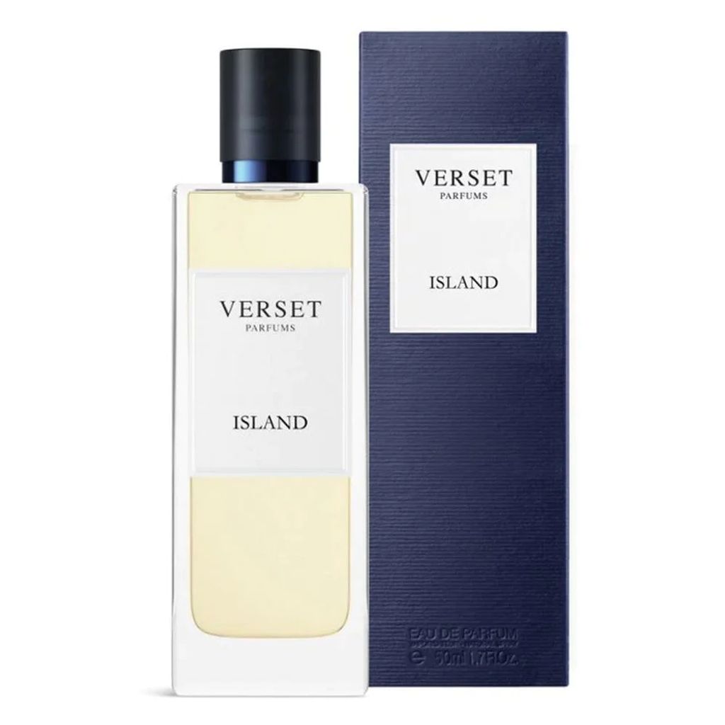 A bottle of VERSET Island Eau De Parfum and its packaging are displayed against a white background.