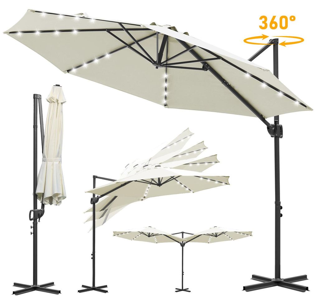 Ikodm Gartenschirm 3m Beige, Ampelschirm mit 28 LED, 360° drehbar & 0–60° neigbar, UV50+ wasserabweisend, Kurbelschirm wasserabweisend