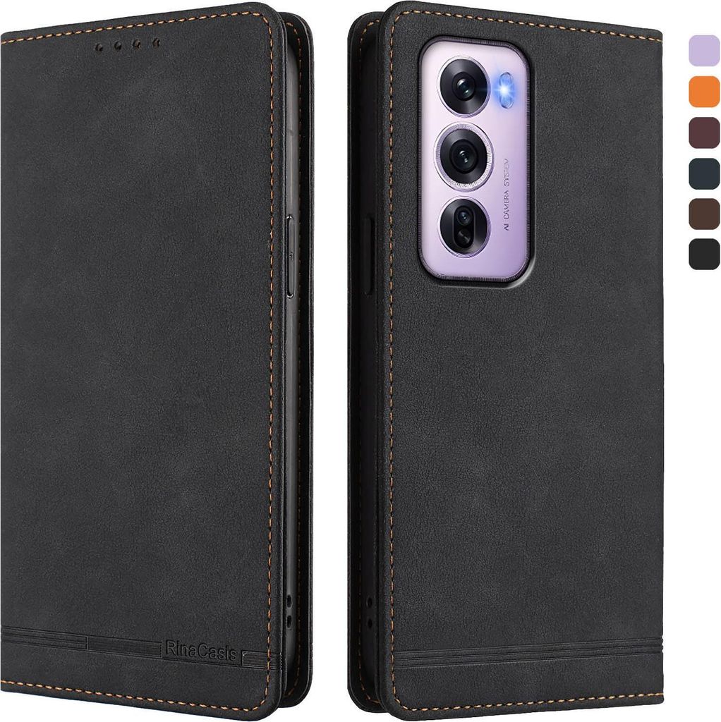 Hülle für Oppo Reno12 Pro 5G, Retro Kunstleder Ständer Klapphülle mit Kartenfächer und Magnetische Schwarz