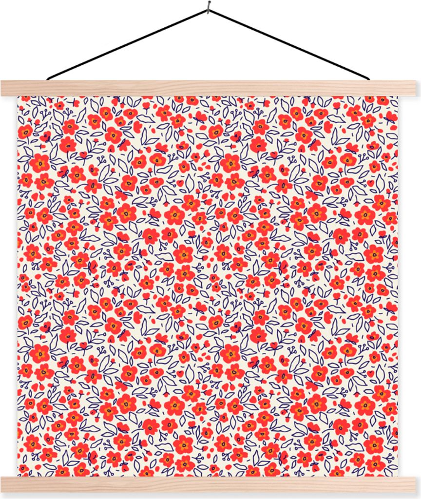 MuchoWow Textilposter Blumen - Rot - Illustration 120x120 cm mit holzfarbenen Rahmen - Textil-Poster