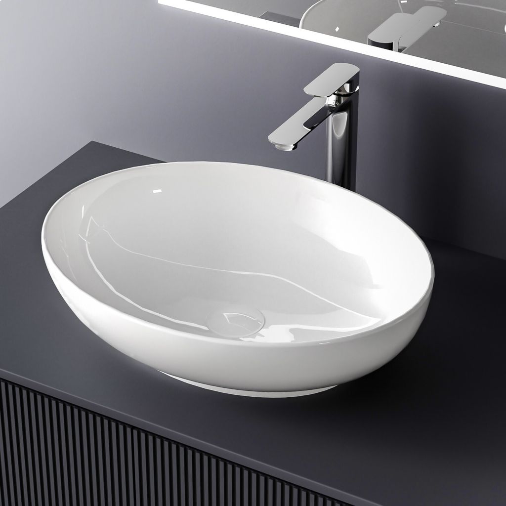 A modern bathroom sink and faucet.