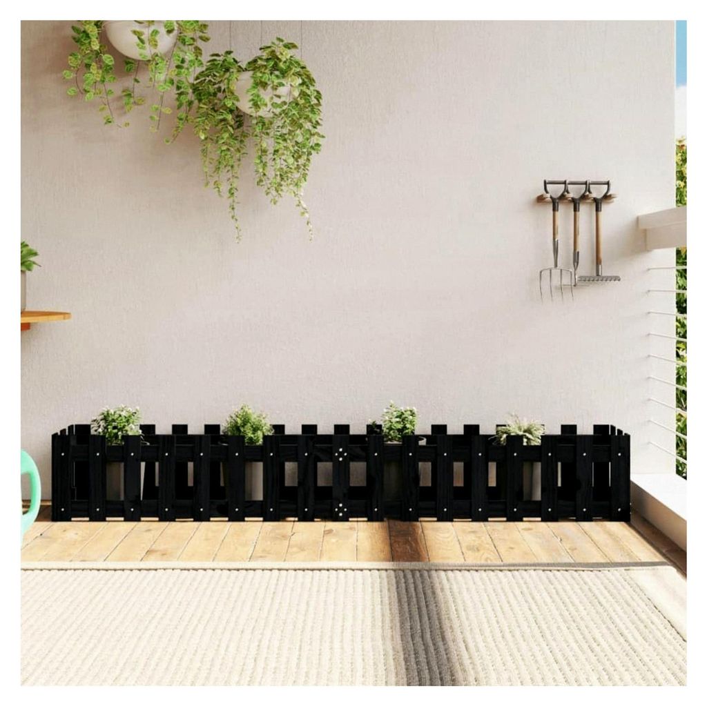 Hochbeet für den Garten, Zaun-Design, 200 x 30 x 30 cm, massives Kiefernholz, Pflanzgefäß für Blumen und Sukkulenten, Terrasse, Balkon