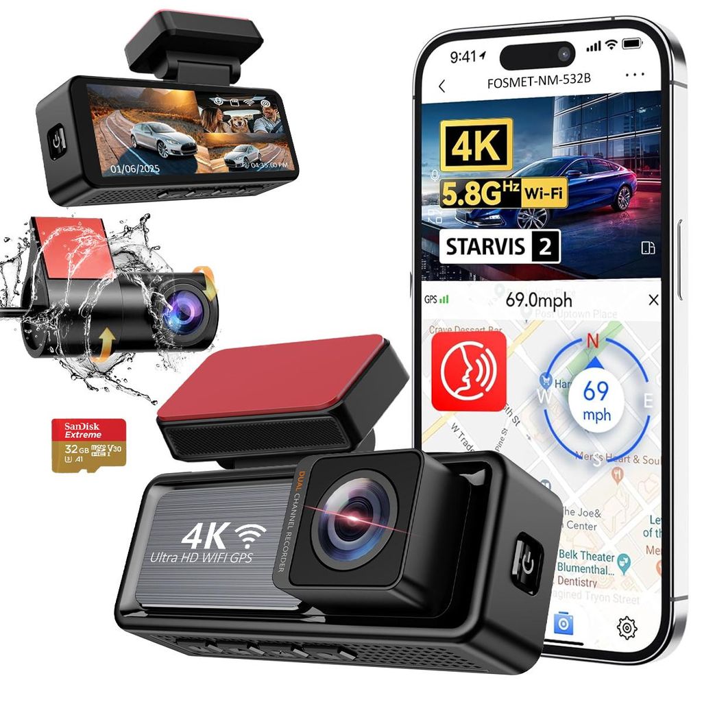 2 Channel Dashcam Auto 3.2" IPS-Bildschirm,mit GPS,WiFi,Auto kamera Dashcam,170°Weitwinkel WDR,Loop-Aufnahme,Parküberwachung,Unterstützt 256GB Max