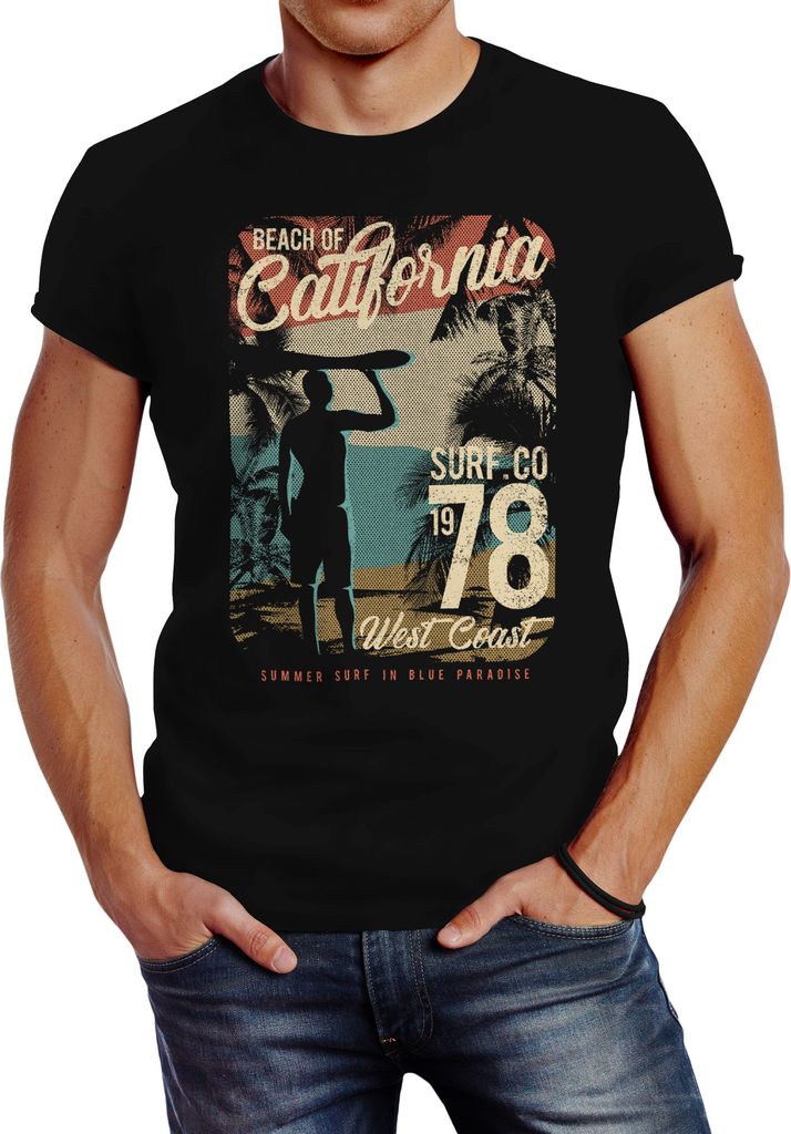 Herren T-Shirt California Surfing Slim Fit Neverless schwarz M