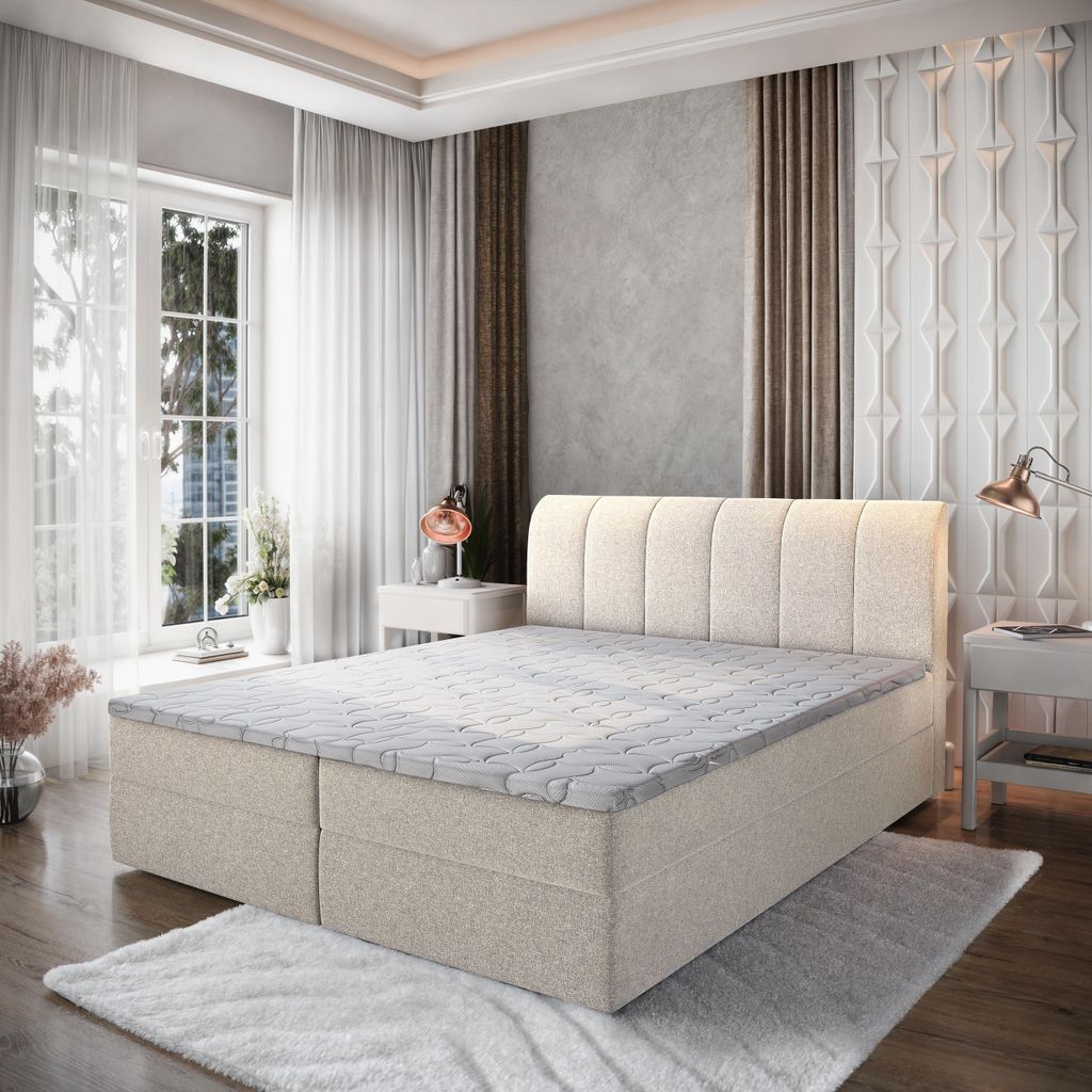 Masseno Boxspringbett CEVANO 140x200 cm Komplett-Set mit Bonell Matratze und Topper, Polsterbett mit Bettkästen -Beige, COSMIC 10
