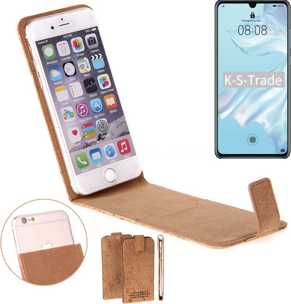 K-S-Trade Handyhülle kompatibel mit Huawei P30 Lite Kork Hülle Flipstyle Case Schutzhülle Kork Case Hülle Flip cover Klapphülle Klapp, braun 1x