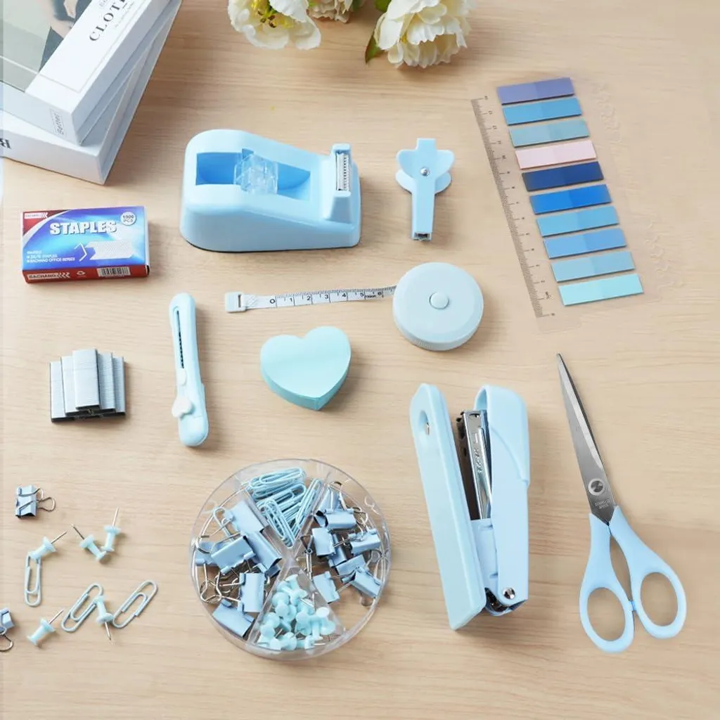 Kit Bureau Anti-Désordre Bleu - Agrafeuse, Cutter et Notes pour Étudiants