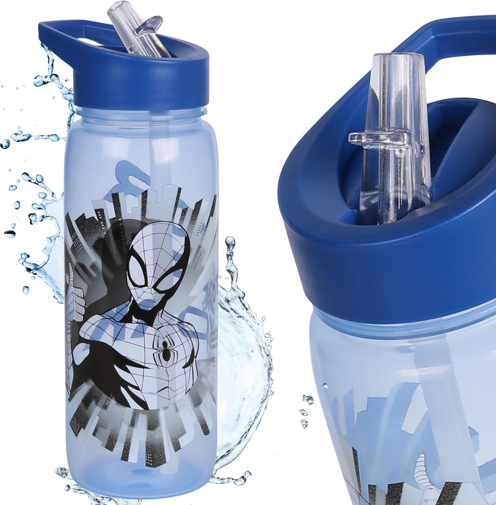 MARVEL Spider-Man WASSERFLASCHE mit Mundstück und Griff, transparente FLASCHE MIT STROHHALM 600 ml