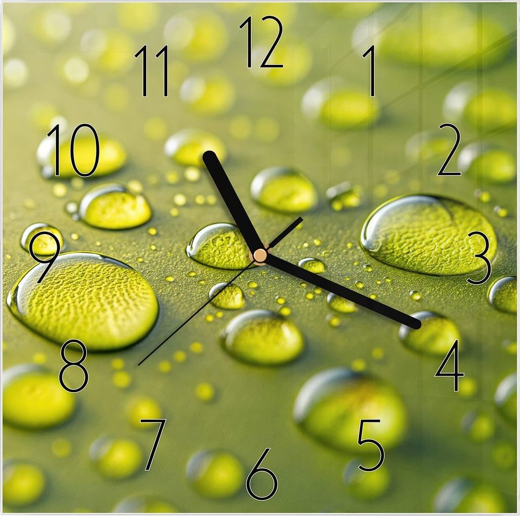 Wanduhr aus Glas mit Motiv Wassertropfen anschaulich- 30 x 30 cm - inkl. Aufhängesystem