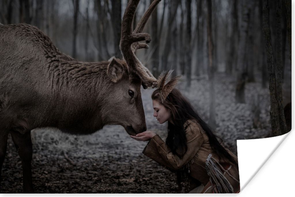 MuchoWow Poster Hirsch - Frau - Geweih - Wald 30x20 cm - Plakate - Print