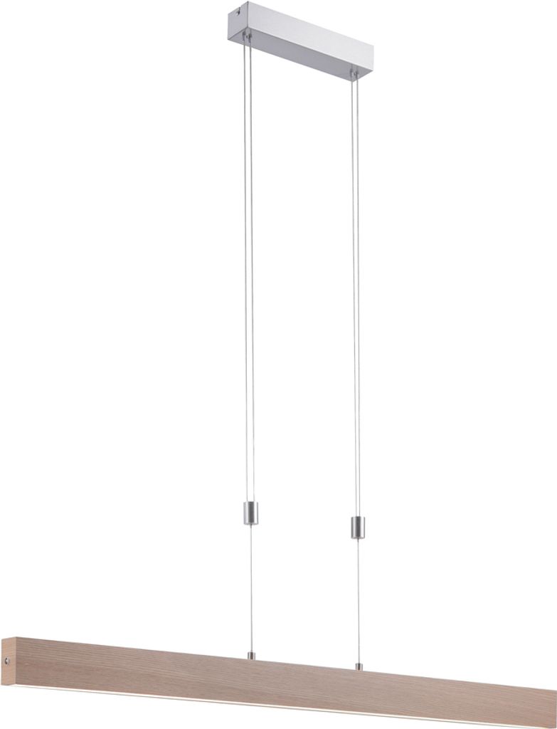 A modern LED pendant light with a wooden beam and silver accents, suspended by thin wires against a white background.
