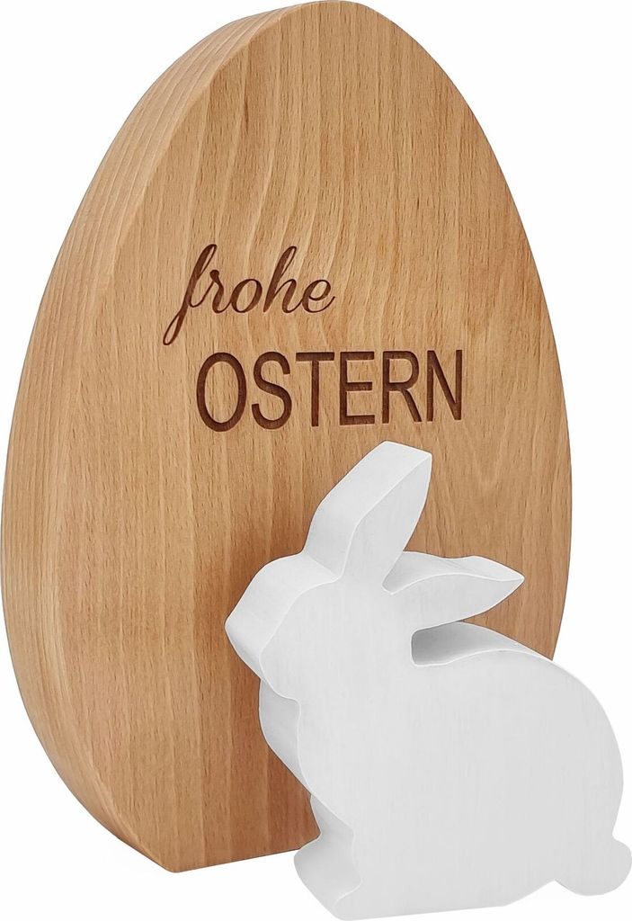 Massivholzosterei aus Buche geölt mit weißem Holzhasen Osterdeko 40.11-011