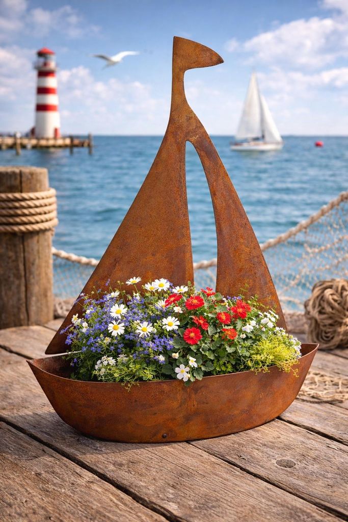 Rostiges Segelboot Gartendekoration, 65 cm Höhe, Metallboot Produktbild 