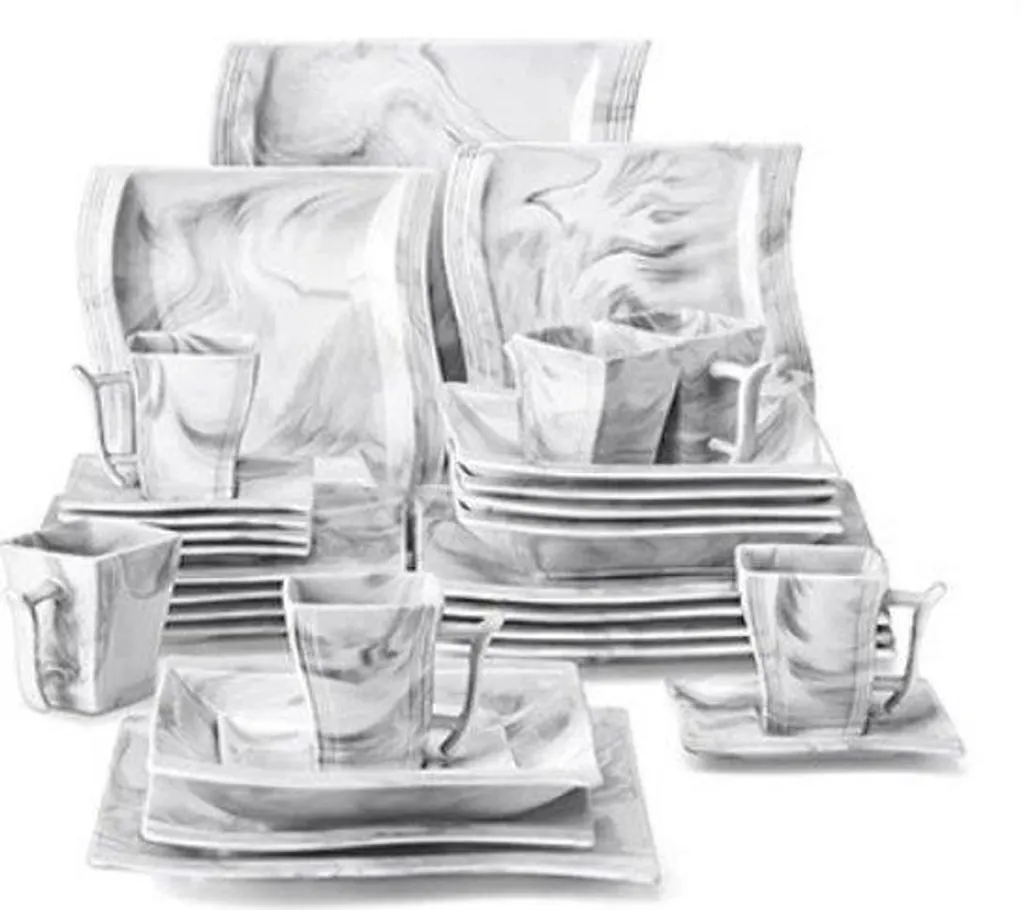 Service de table complet 30 pièces en céramique blanche effet marbre