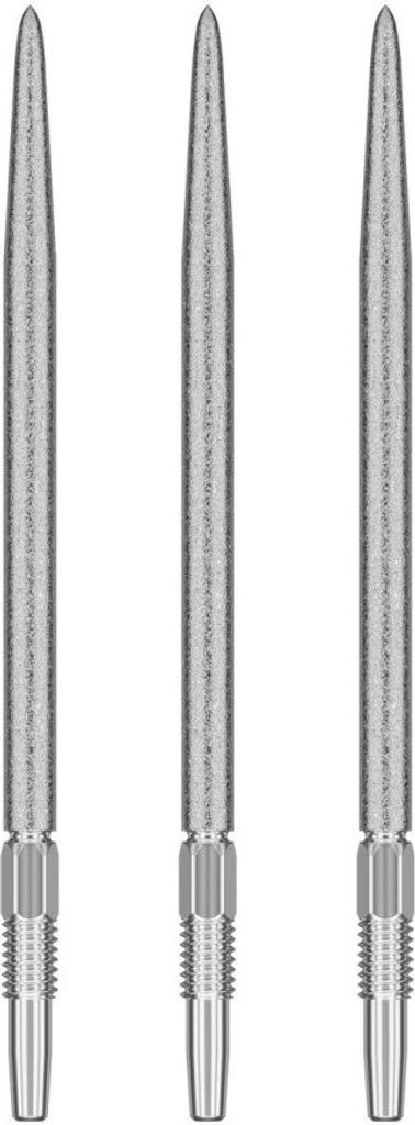 Three silver dart tips are arranged vertically against a white background.