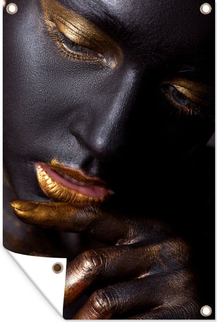 MuchoWow 80x120 cm Outdoor-Poster Gartendeko Sichtschutz Garten Poster für den Garten Frau - Gold - Schwarz