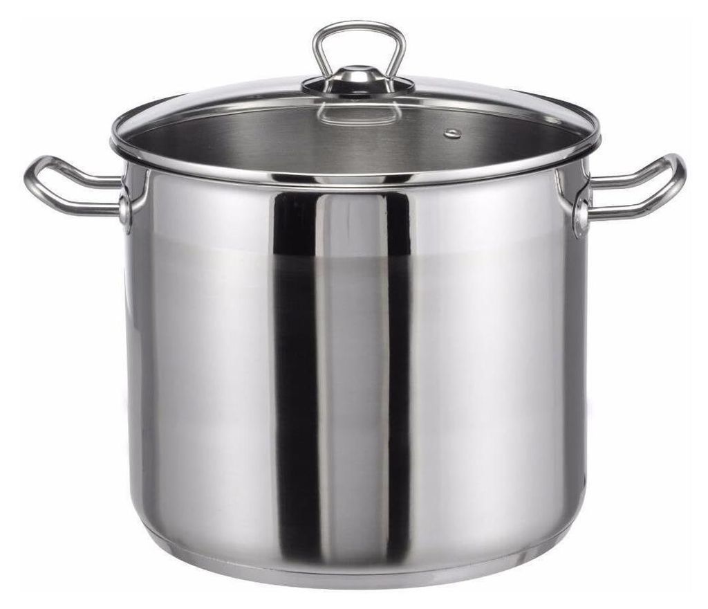 A stainless steel pot with a glass lid and handles, shown from the front on a white background.