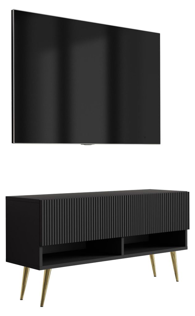 TV-Schrank mit geriffelter Front, Mattschwarz, goldfarbene, schräge Beine, 100 × 32 × 52 cm