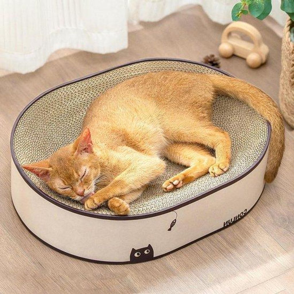 Ovales Katzenkratzbord 2in1, Wellenkarton, Kuschelzone, Montagefrei, Stilvoll