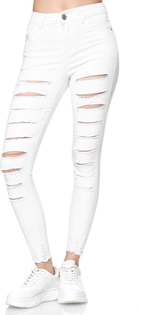 Elara Damen Jeans Destroyed Zerrissen YG569 White-40 (L)