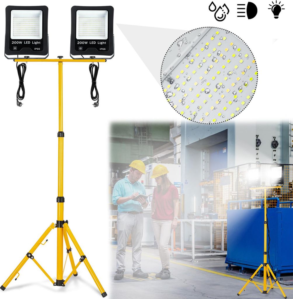 XINZI 2*200W LED-Strahler Kaltweiß mit Gelbem Stativ - Hochleistungs-Flutlicht, 3m Kabel, Arbeitsscheinwerfer, für Garage, Baustelle, Sportplatz