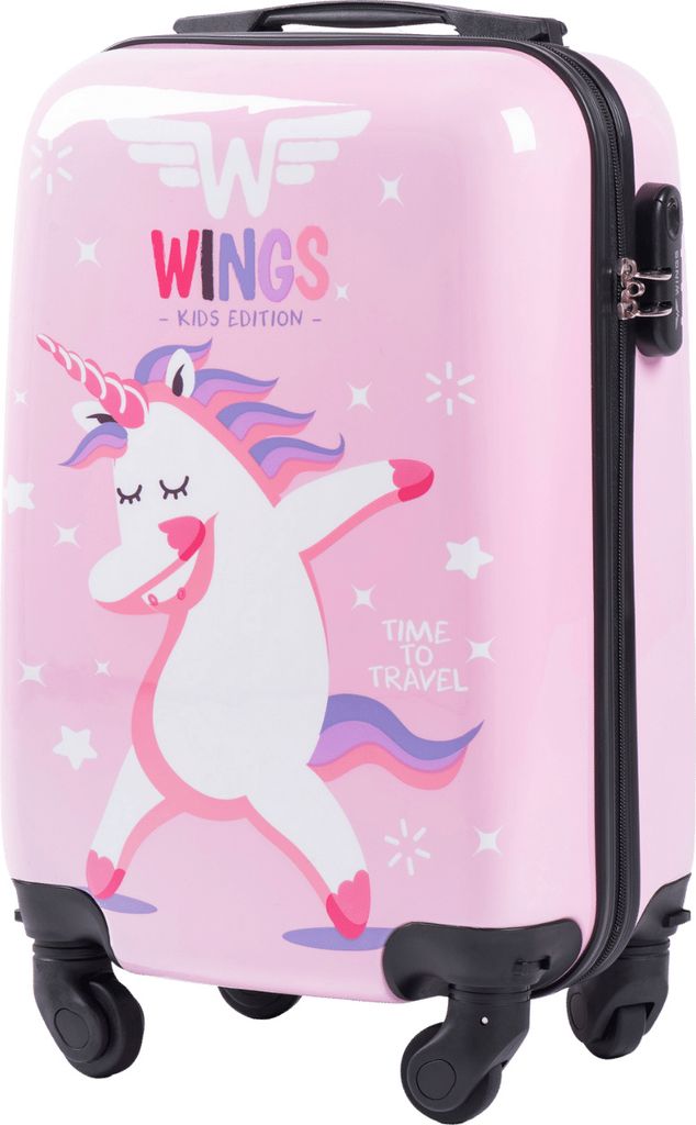 A pink suitcase with a unicorn design.