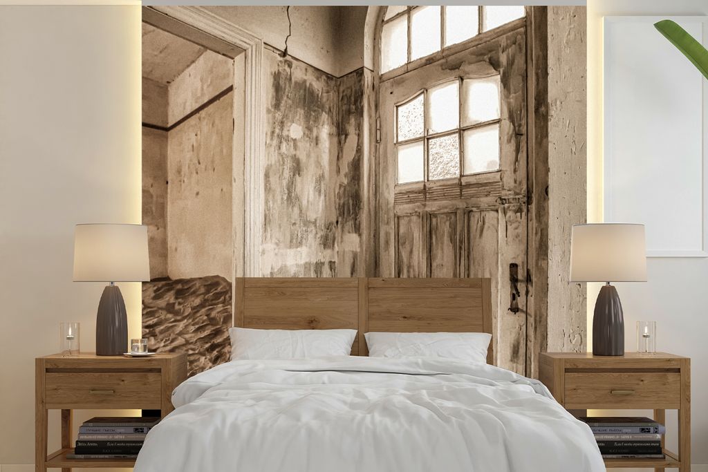 MuchoWow Fototapete für Wohnzimmer oder Schlafzimmer Wandtapete Vinyl Motivtapete Haus - Sand - Tür - Architektur - 240x240 cm - Schlafzimmer-T...