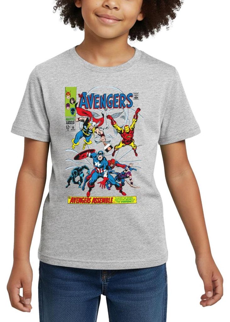 Spreadshirt Avengers Comic Superhelden Assemble Kinder T-Shirt, 122/128 (7-8 Jahre), Grau meliert