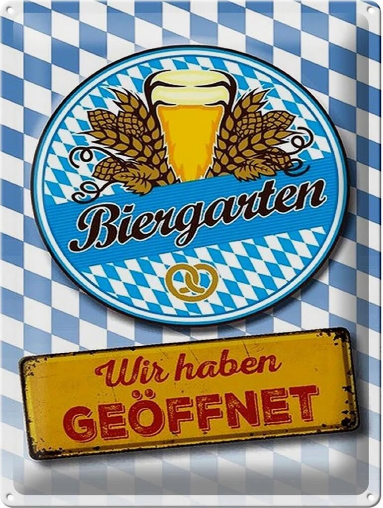 Blechschild Biergarten wir haben geöffnet, 40 x 30 cm, Blechschilder Spruch Getränk Alkohol, Bier Bayern