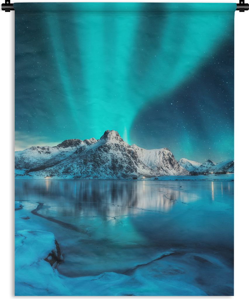 MuchoWow Wandteppich Wandbehang Nordlicht - Eis - Schnee - Norwegen - Blau - Berge 120x160 cm Tapisserie Dekoration Wandtuch - Wohnzimmer - Moderne