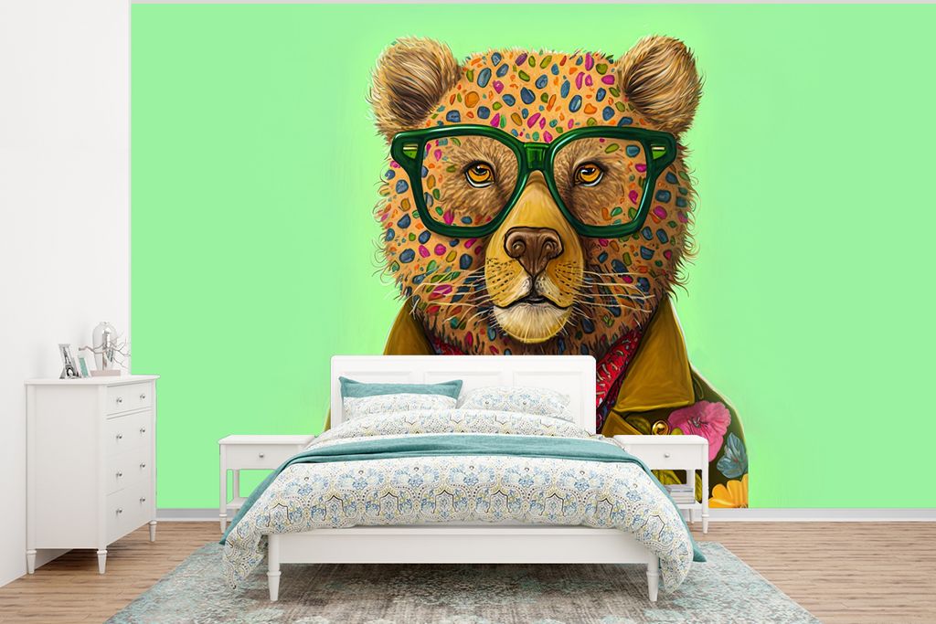 MuchoWow Fototapete für Wohnzimmer oder Schlafzimmer Wandtapete Vinyl Motivtapete Bär - Farben - Brillen - Tier - Blumen - 350x260 cm - Wohnzim...