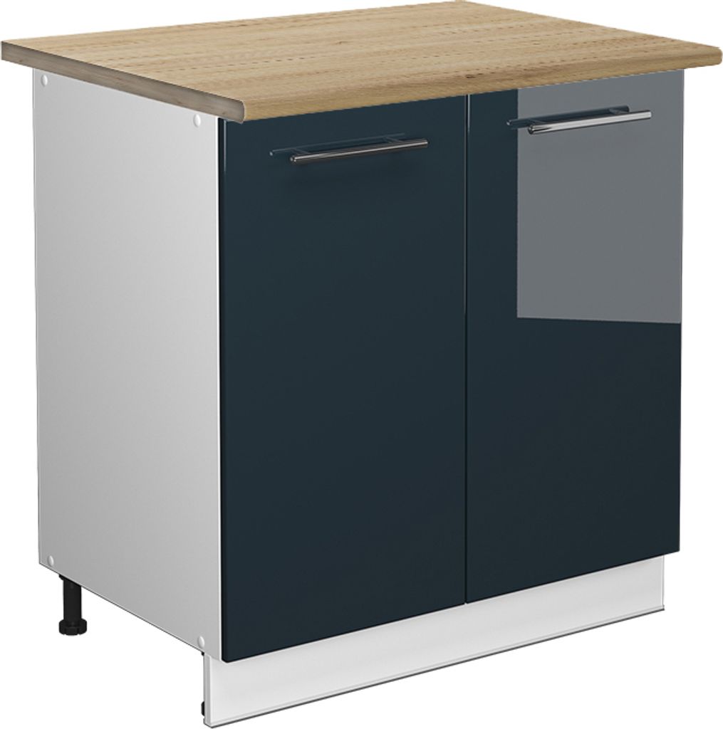 Spülenunterschrank Vicco Fame-Line Dunkelblau Hochglanz 80 cm mit Regal, AP Eiche, Model 49582