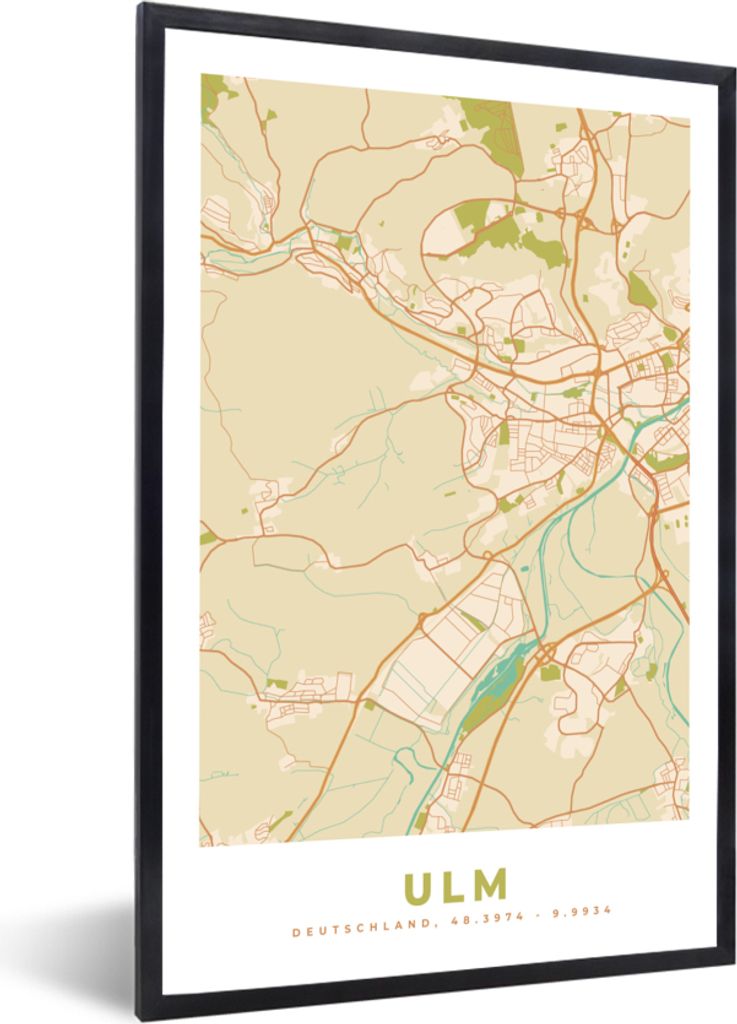 MuchoWow Gerahmtes Poster Ulm - Karte - Vintage - Stadtplan 20x30 cm - Poster mit Schwarzem Bilderrahmen Wandposter Rahmen Foto Bilder - Drucken ...